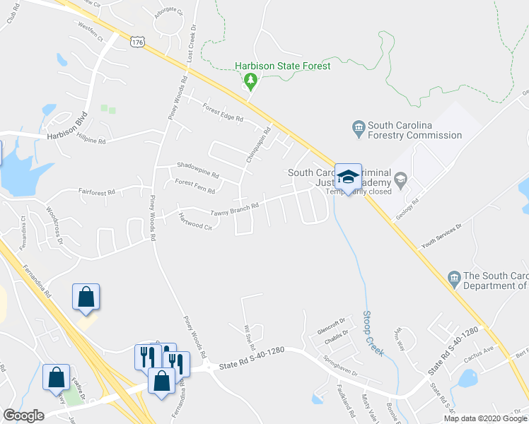 map of restaurants, bars, coffee shops, grocery stores, and more near 61B Battery Walk Court in Columbia