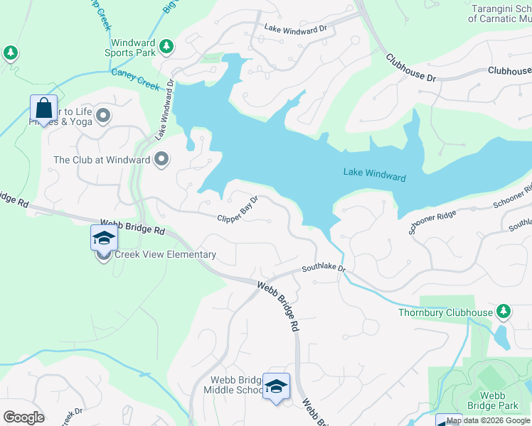 map of restaurants, bars, coffee shops, grocery stores, and more near 220 Clipper Bay Drive in Alpharetta