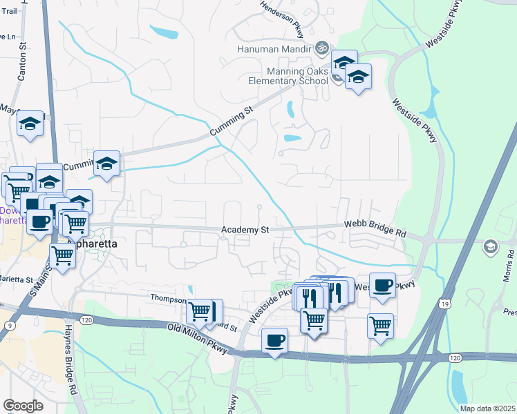 map of restaurants, bars, coffee shops, grocery stores, and more near 1031 Poplar Ridge Run in Alpharetta