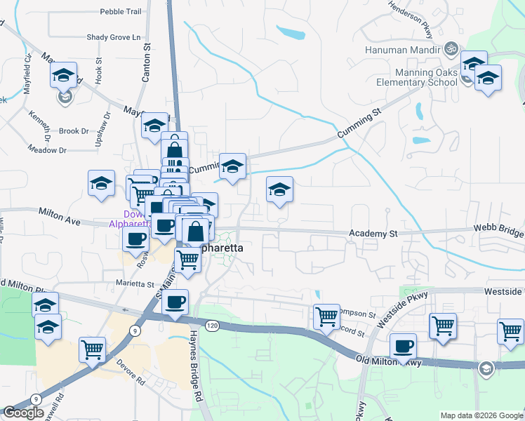 map of restaurants, bars, coffee shops, grocery stores, and more near 100 Martin Run in Alpharetta
