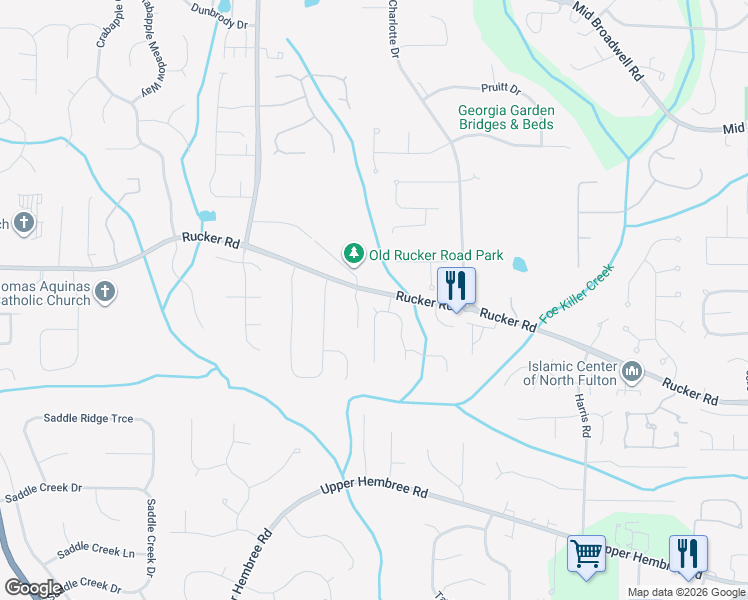 map of restaurants, bars, coffee shops, grocery stores, and more near 12100 Brookmill Point in Alpharetta