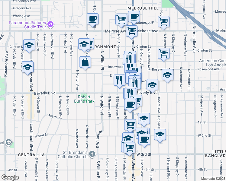 map of restaurants, bars, coffee shops, grocery stores, and more near 4832 Oakwood Avenue in Los Angeles