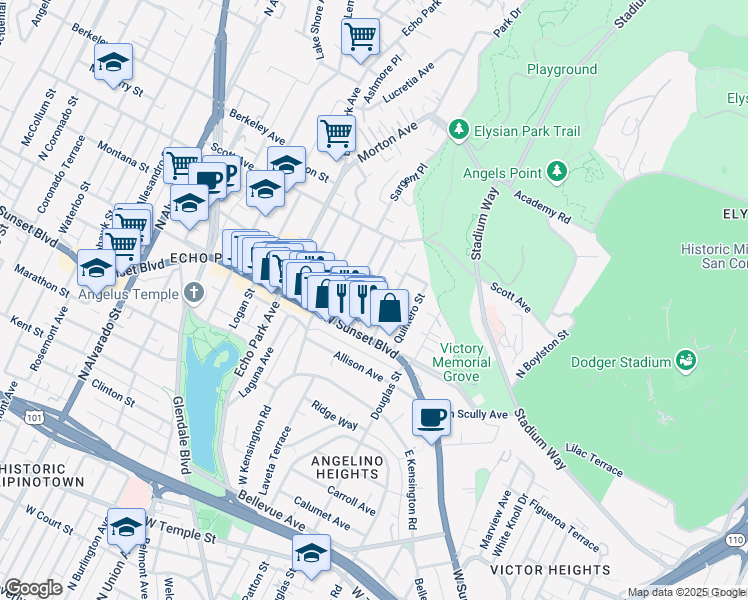 map of restaurants, bars, coffee shops, grocery stores, and more near 1344 Portia Street in Los Angeles
