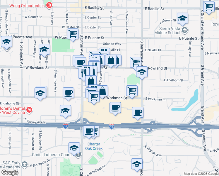 map of restaurants, bars, coffee shops, grocery stores, and more near 269 East Loma Vista Street in Covina