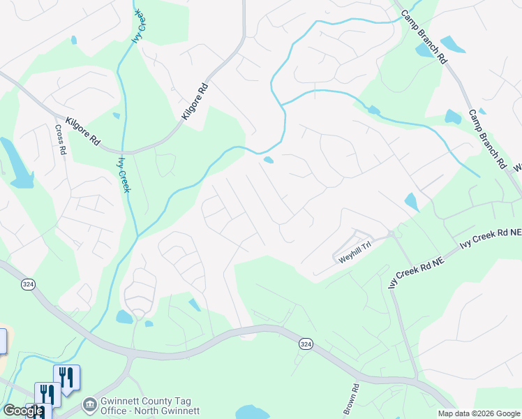 map of restaurants, bars, coffee shops, grocery stores, and more near 2311 Walkers Glen Lane Northeast in Buford