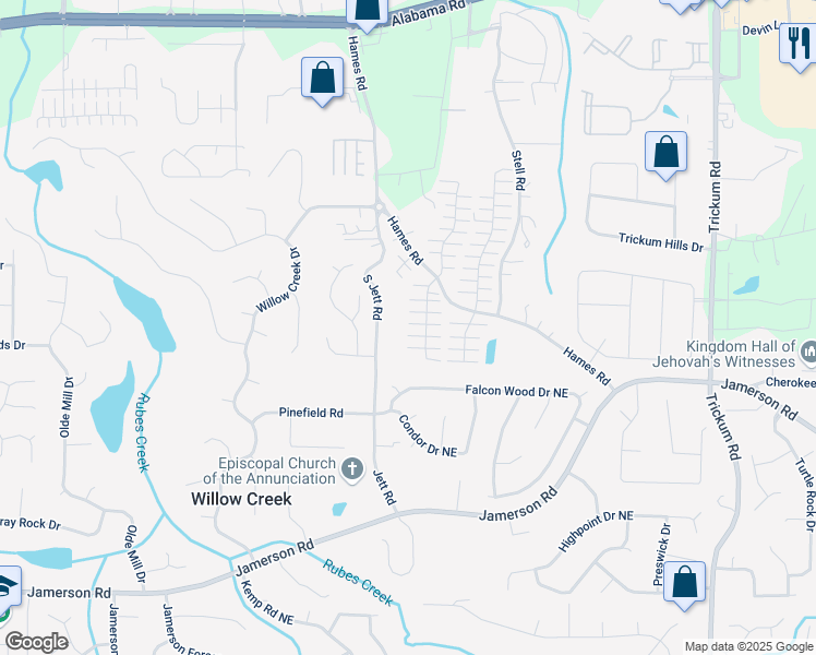 map of restaurants, bars, coffee shops, grocery stores, and more near 180 West Oaks Place in Woodstock