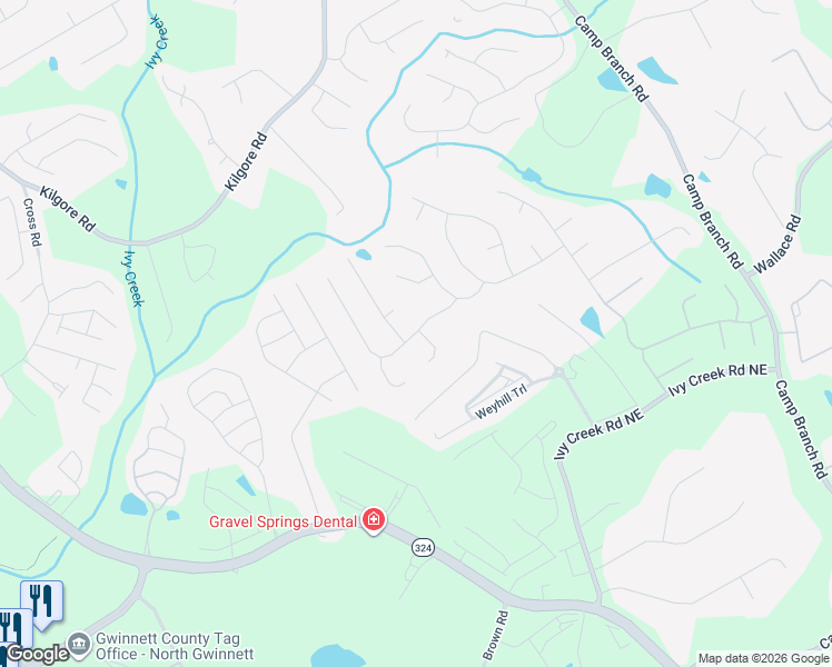 map of restaurants, bars, coffee shops, grocery stores, and more near Walkers Glen Lane Northeast in Buford