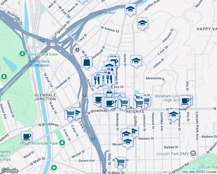 map of restaurants, bars, coffee shops, grocery stores, and more near Pasadena Ave & Daly St & E Ave 26 in Los Angeles