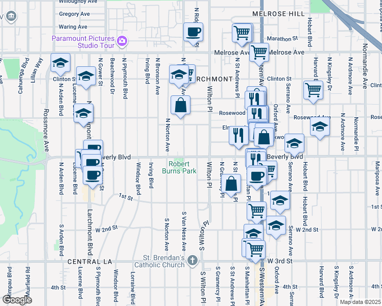 map of restaurants, bars, coffee shops, grocery stores, and more near 4847 Beverly Boulevard in Los Angeles
