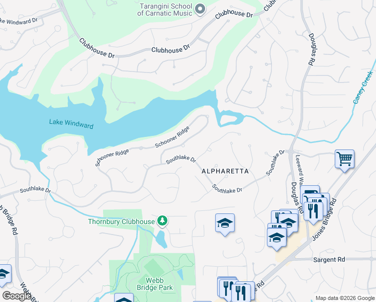 map of restaurants, bars, coffee shops, grocery stores, and more near 3980 Schooner Ridge in Alpharetta