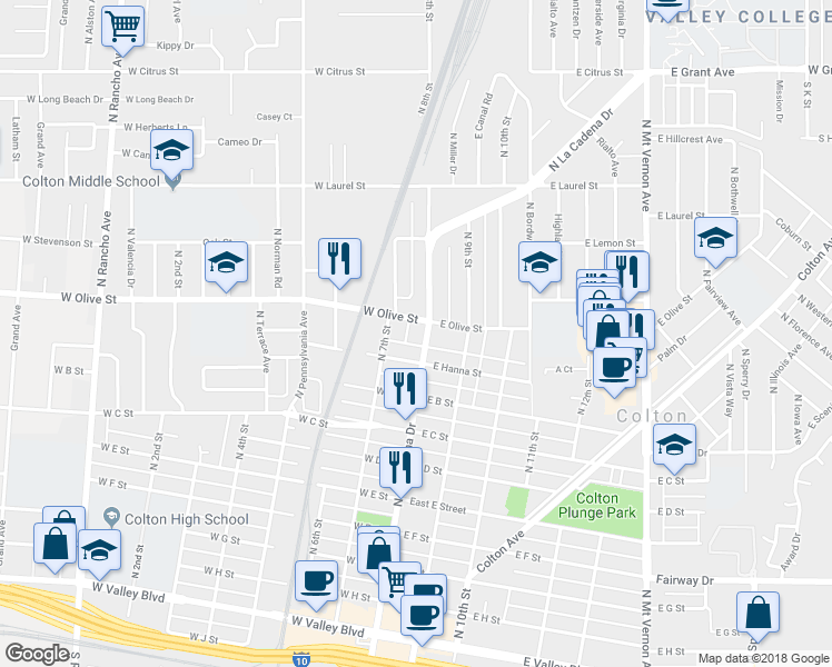 map of restaurants, bars, coffee shops, grocery stores, and more near 1077 North La Cadena Drive in Colton