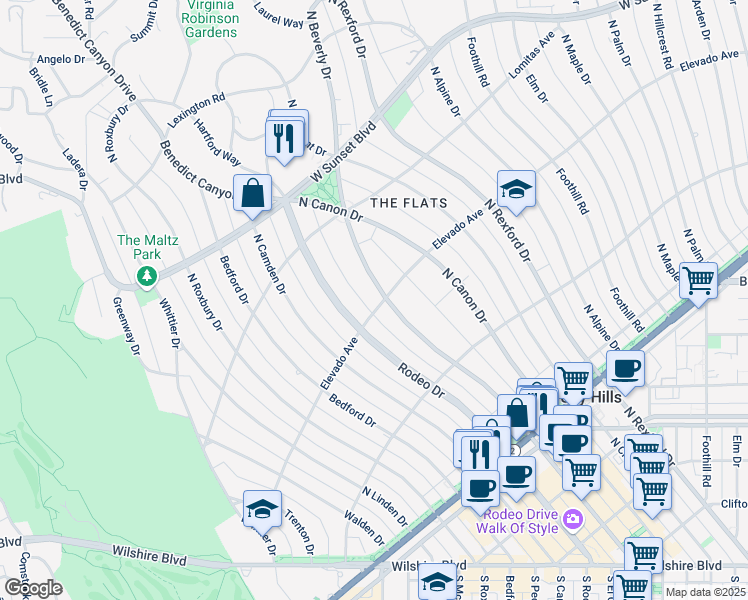map of restaurants, bars, coffee shops, grocery stores, and more near 701 North Beverly Drive in Beverly Hills