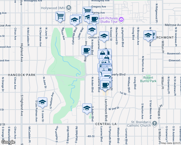 map of restaurants, bars, coffee shops, grocery stores, and more near 309 North Arden Boulevard in Los Angeles