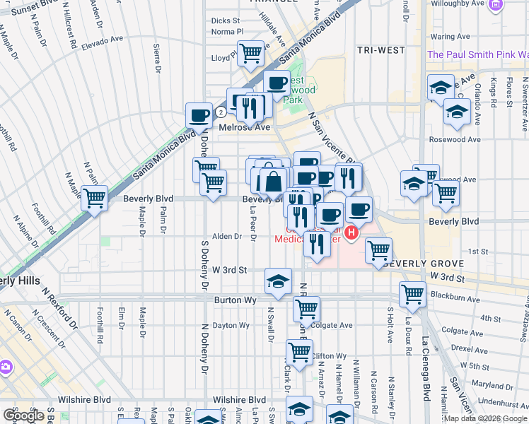 map of restaurants, bars, coffee shops, grocery stores, and more near 8900 Beverly Boulevard in West Hollywood
