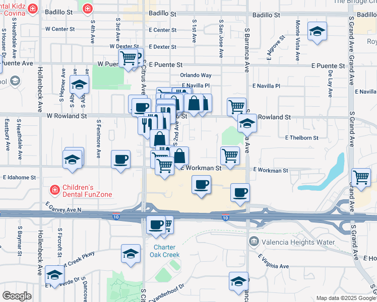 map of restaurants, bars, coffee shops, grocery stores, and more near 704 Orange Circle in Covina