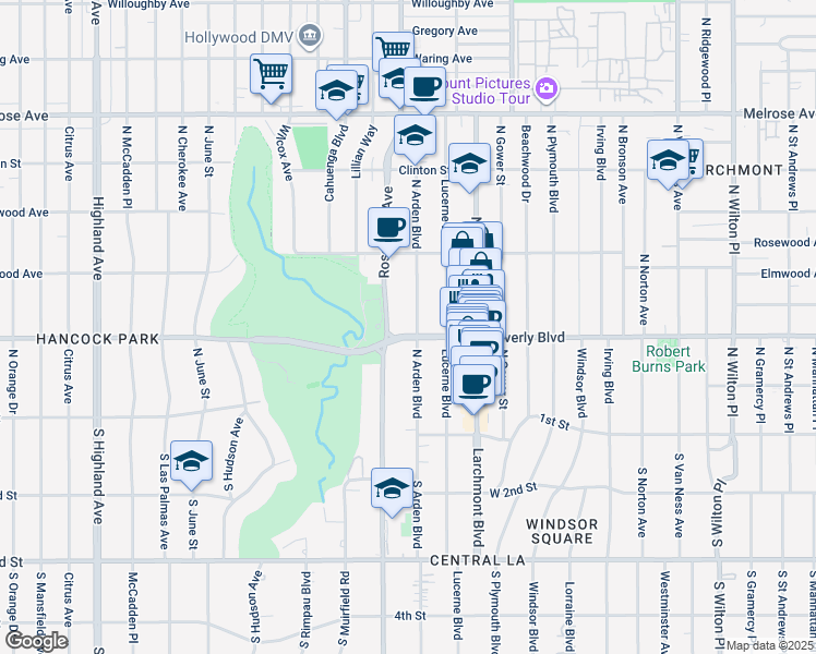 map of restaurants, bars, coffee shops, grocery stores, and more near 309 North Arden Boulevard in Los Angeles