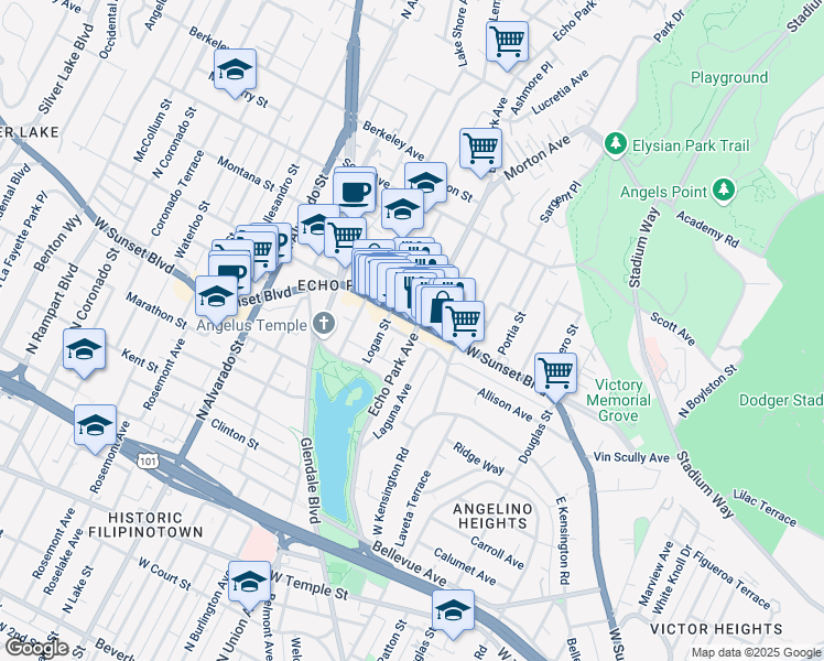 map of restaurants, bars, coffee shops, grocery stores, and more near 1165 Echo Park Avenue in Los Angeles