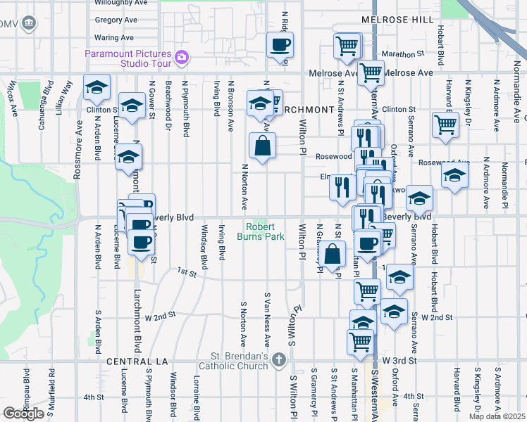 map of restaurants, bars, coffee shops, grocery stores, and more near 4901 Beverly Boulevard in Los Angeles