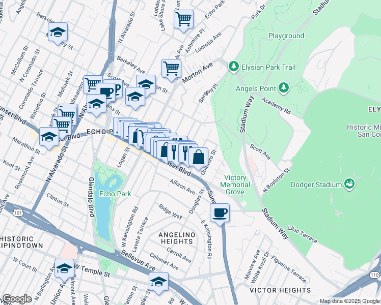 map of restaurants, bars, coffee shops, grocery stores, and more near 1344 Portia Street in Los Angeles