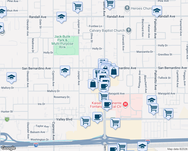 map of restaurants, bars, coffee shops, grocery stores, and more near 16803 San Bernardino Avenue in Fontana