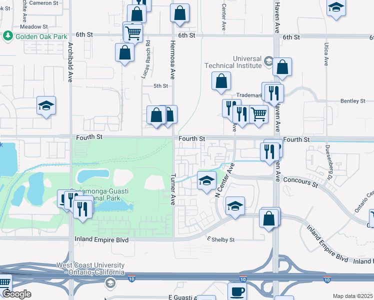 map of restaurants, bars, coffee shops, grocery stores, and more near 1048 Hermosa Avenue in Ontario