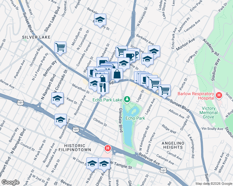 map of restaurants, bars, coffee shops, grocery stores, and more near 2006 Sunset Boulevard in Los Angeles