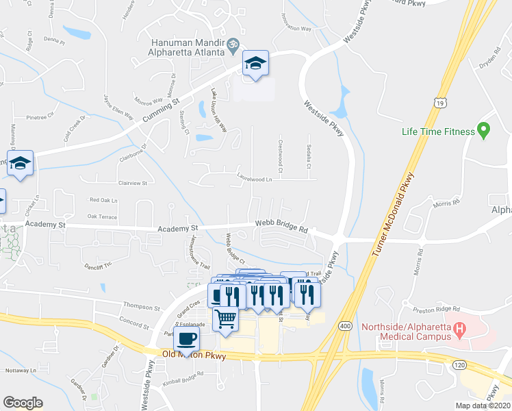 map of restaurants, bars, coffee shops, grocery stores, and more near 2828 Webb Bridge Road in Alpharetta