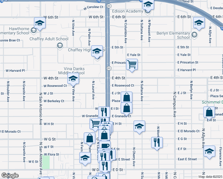 map of restaurants, bars, coffee shops, grocery stores, and more near 1012 North Euclid Avenue in Ontario