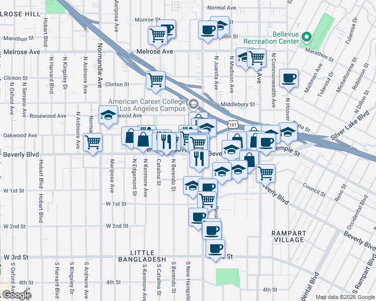 map of restaurants, bars, coffee shops, grocery stores, and more near 3821 Beverly Boulevard in Los Angeles
