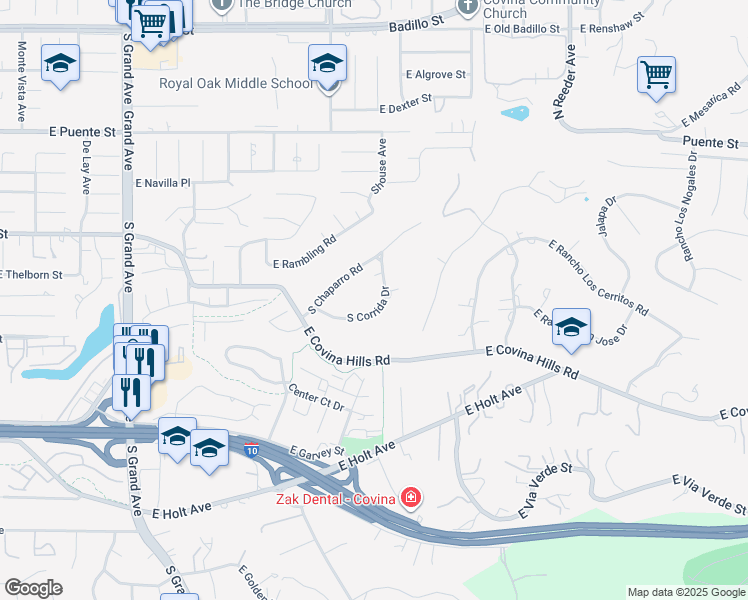map of restaurants, bars, coffee shops, grocery stores, and more near 729 South Corrida Drive in Covina