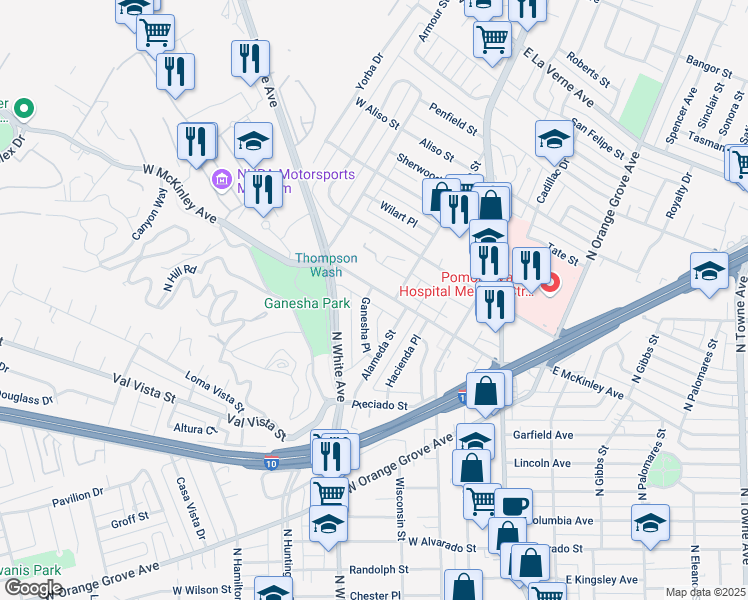 map of restaurants, bars, coffee shops, grocery stores, and more near in Pomona