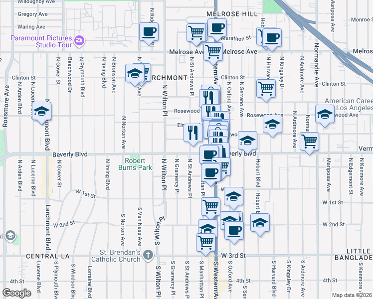 map of restaurants, bars, coffee shops, grocery stores, and more near 4754 Oakwood Avenue in Los Angeles