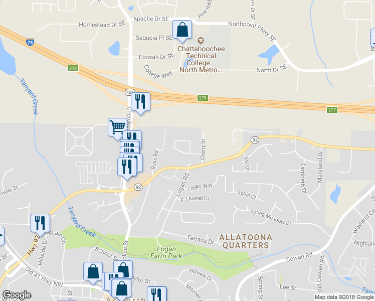 map of restaurants, bars, coffee shops, grocery stores, and more near 1009 Pepper Circle in Acworth