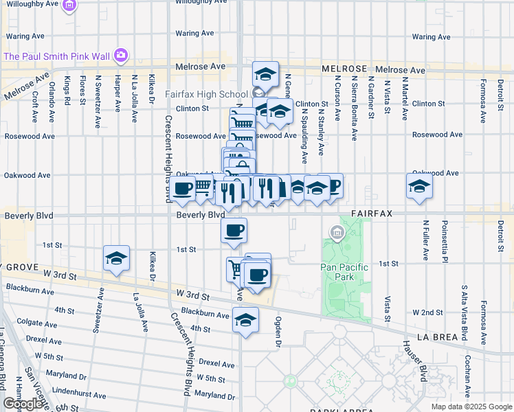 map of restaurants, bars, coffee shops, grocery stores, and more near 319 North Orange Grove Avenue in Los Angeles