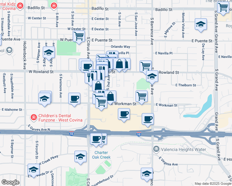 map of restaurants, bars, coffee shops, grocery stores, and more near 269 East Loma Vista Street in Covina