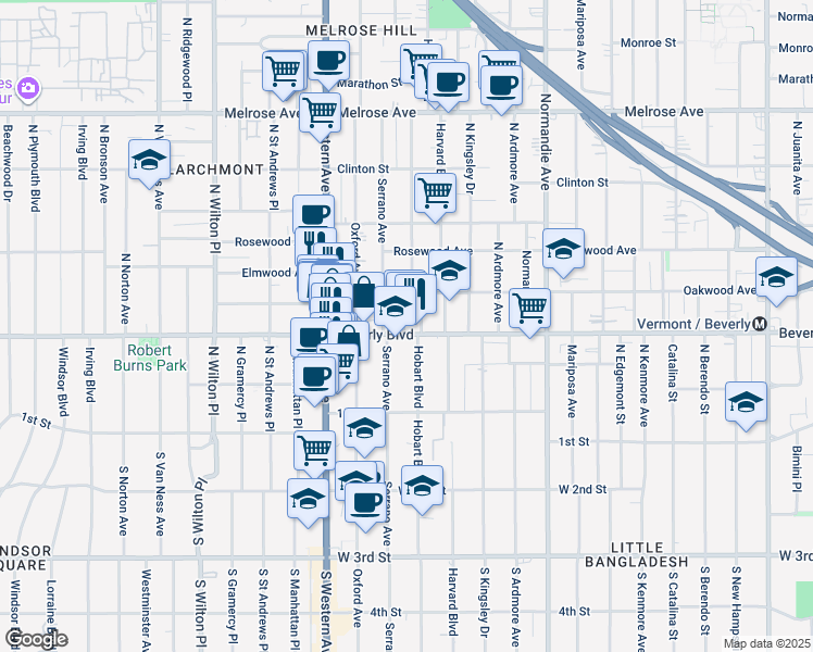 map of restaurants, bars, coffee shops, grocery stores, and more near 4463 Beverly Boulevard in Los Angeles