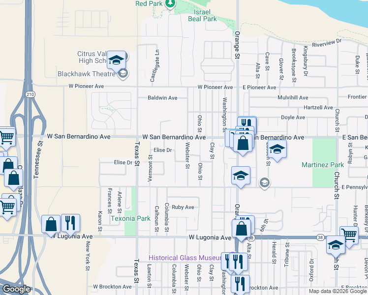 map of restaurants, bars, coffee shops, grocery stores, and more near 1563 Webster Street in Redlands
