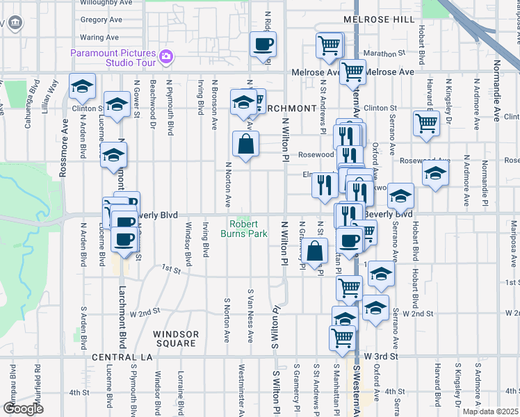 map of restaurants, bars, coffee shops, grocery stores, and more near 4847 Beverly Boulevard in Los Angeles