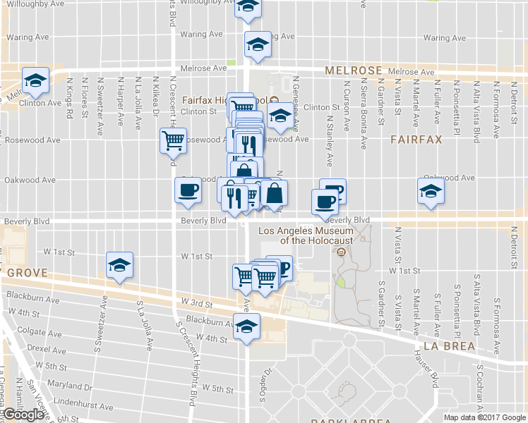 map of restaurants, bars, coffee shops, grocery stores, and more near 321 North Orange Grove Avenue in Los Angeles