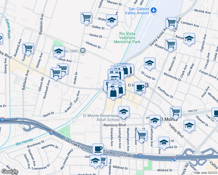 map of restaurants, bars, coffee shops, grocery stores, and more near Valley Blvd & Santa Anita Ave in El Monte
