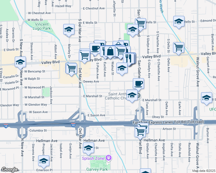 map of restaurants, bars, coffee shops, grocery stores, and more near 419 East Norwood Place in San Gabriel