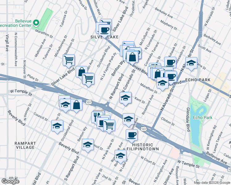 map of restaurants, bars, coffee shops, grocery stores, and more near 2600 Kent Street in Los Angeles