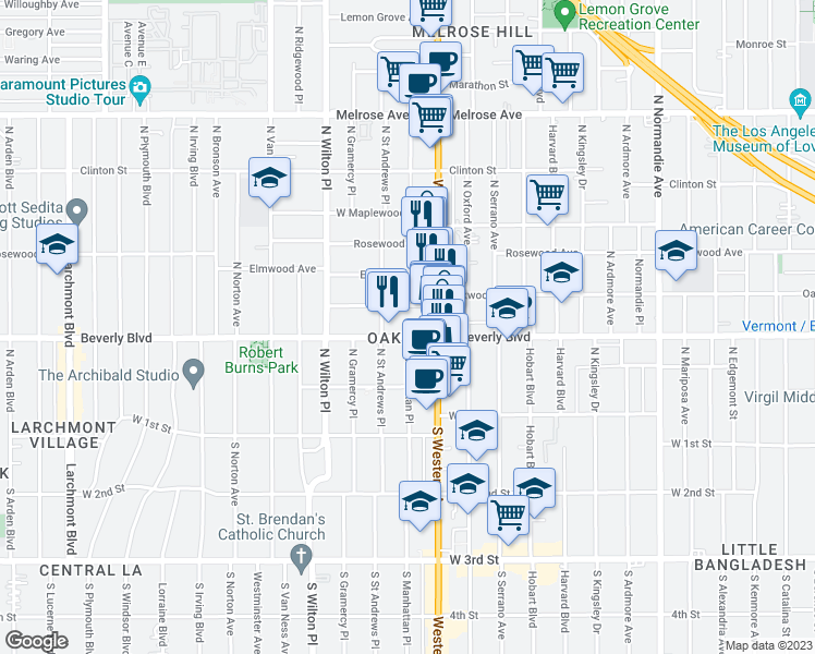 map of restaurants, bars, coffee shops, grocery stores, and more near 4631 Beverly Boulevard in Los Angeles