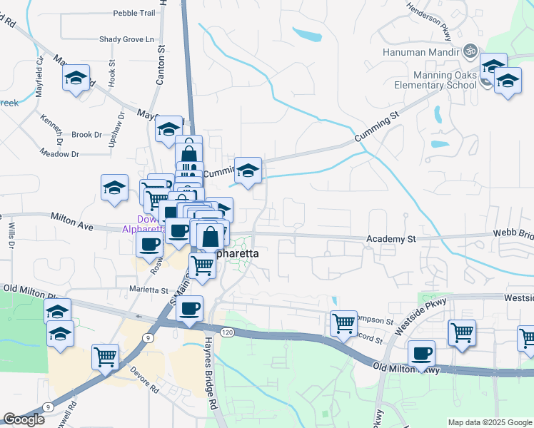 map of restaurants, bars, coffee shops, grocery stores, and more near 100 Martin Run in Alpharetta