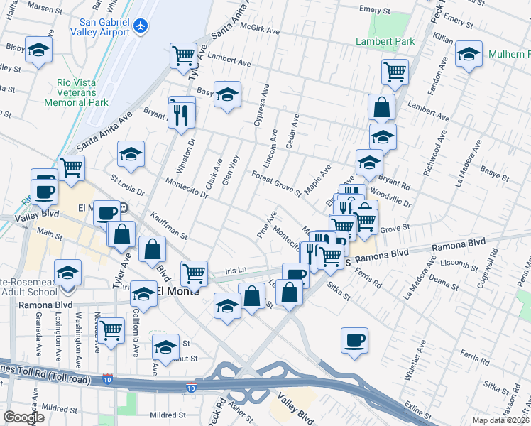 map of restaurants, bars, coffee shops, grocery stores, and more near Pine Avenue in El Monte