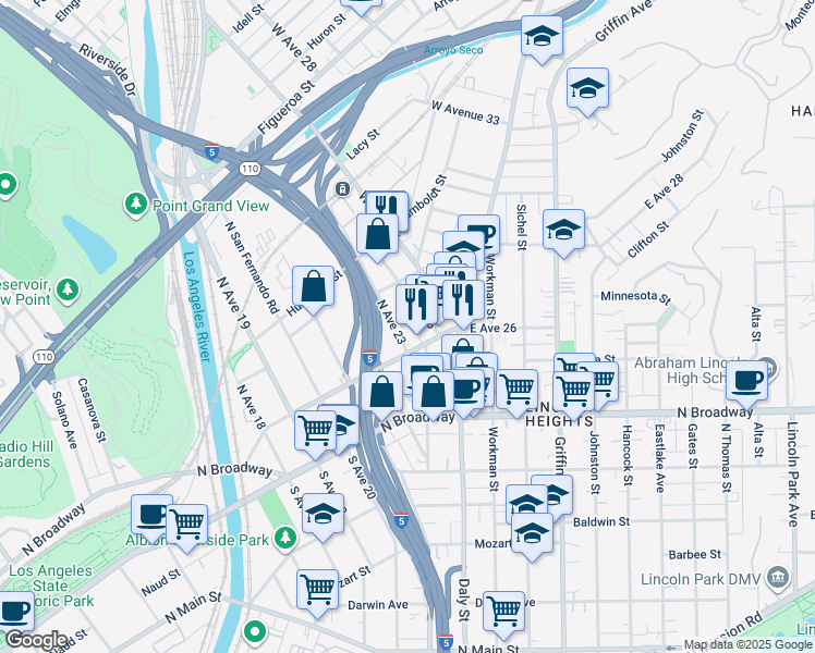 map of restaurants, bars, coffee shops, grocery stores, and more near 122 North Avenue 23 in Los Angeles