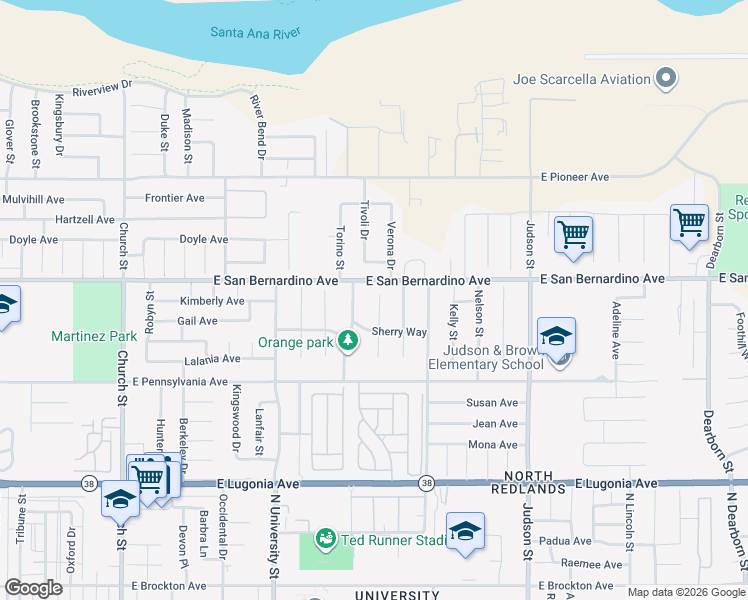 map of restaurants, bars, coffee shops, grocery stores, and more near 1581 Margit Street in Redlands