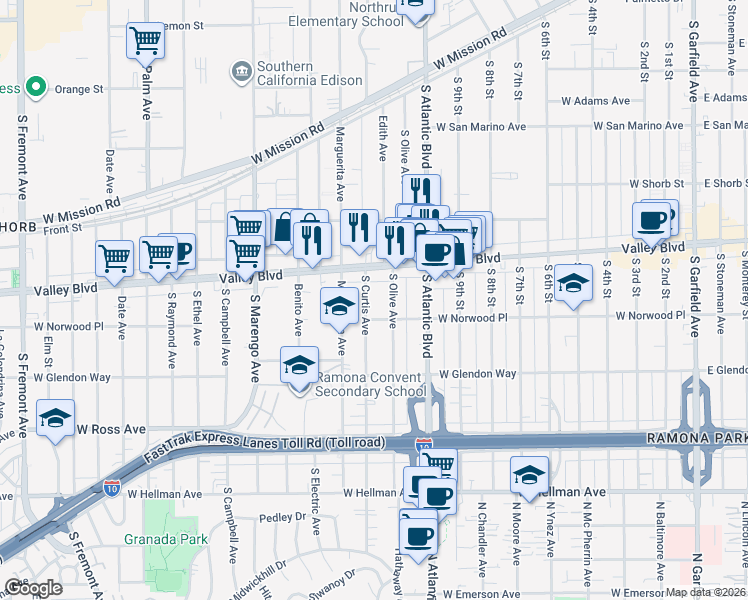 map of restaurants, bars, coffee shops, grocery stores, and more near 1510 South Curtis Avenue in Alhambra