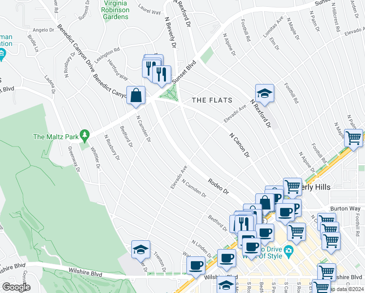 map of restaurants, bars, coffee shops, grocery stores, and more near 718 North Rodeo Drive in Beverly Hills