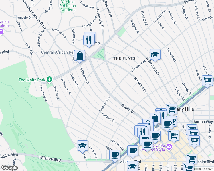 map of restaurants, bars, coffee shops, grocery stores, and more near 710 North Rodeo Drive in Beverly Hills